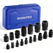 Blue WORKPRO storage case with assortment of black E-Torx sockets, multiple sizes