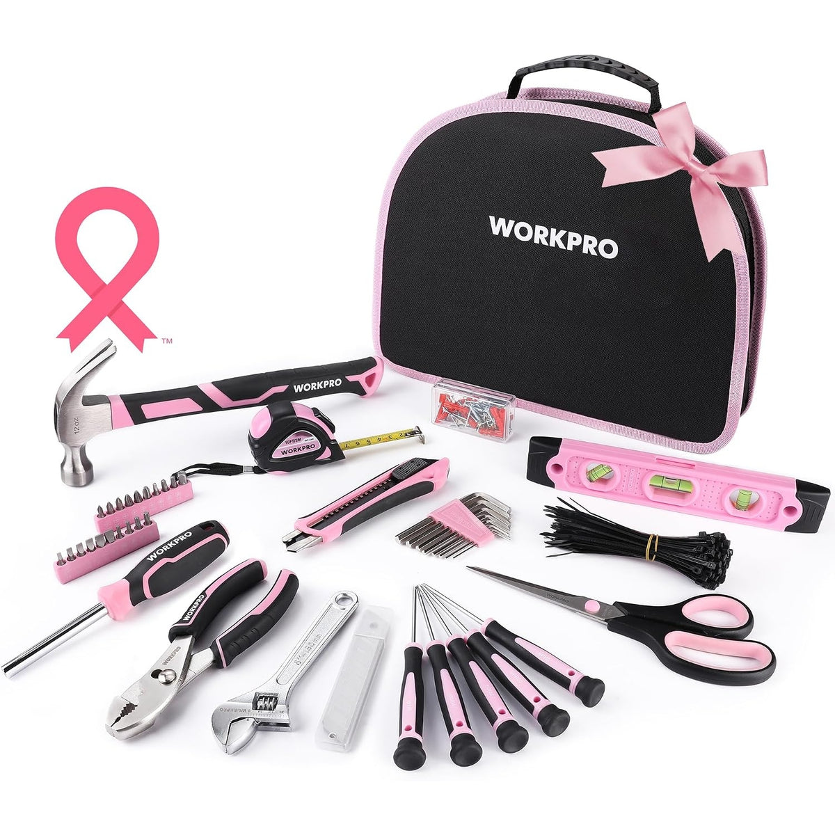 WORKPRO 236 Pcs Pink Tool Kit with Easy Carrying Round Pouch Perfect for DIY Home Maintenance - Pink Ribbon
