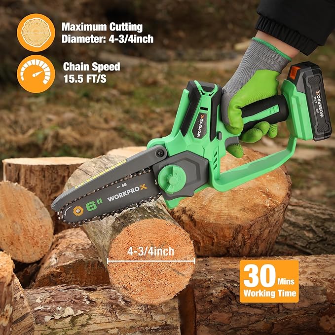 Green cordless mini chainsaw with 6-inch bar and chain, held in gloved hands