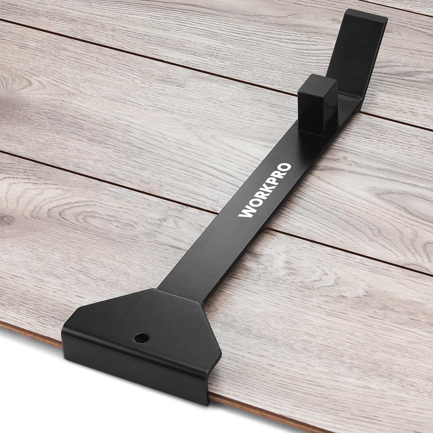 Black steel flooring pull and pry bar with angled hooked end for prying planks