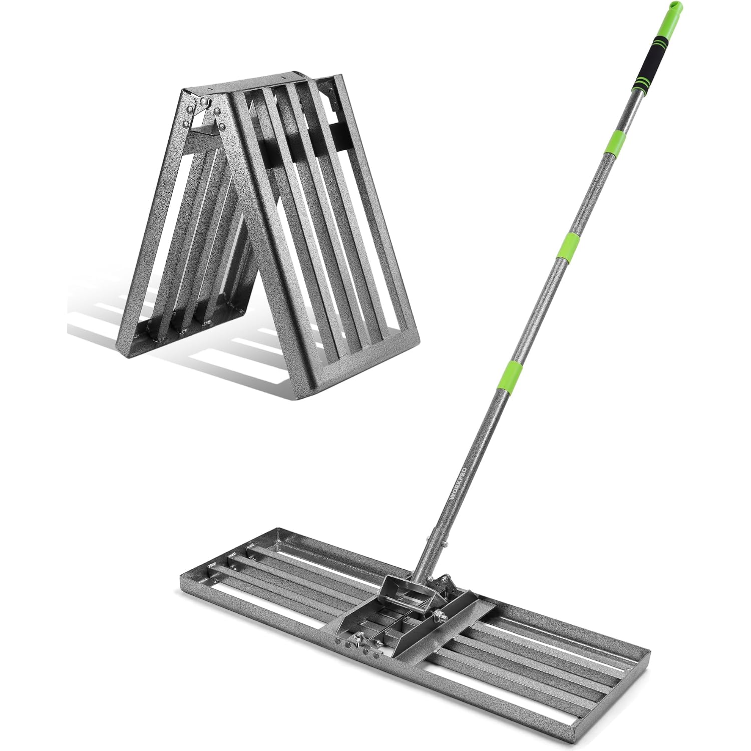 Lawn leveling rake with steel leveling head and green adjustable telescoping handle