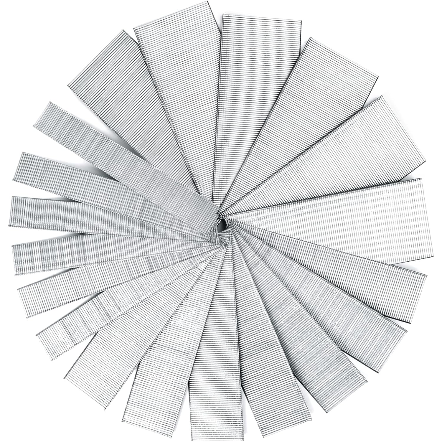 Fan of galvanized brad nail strips for pneumatic nailers