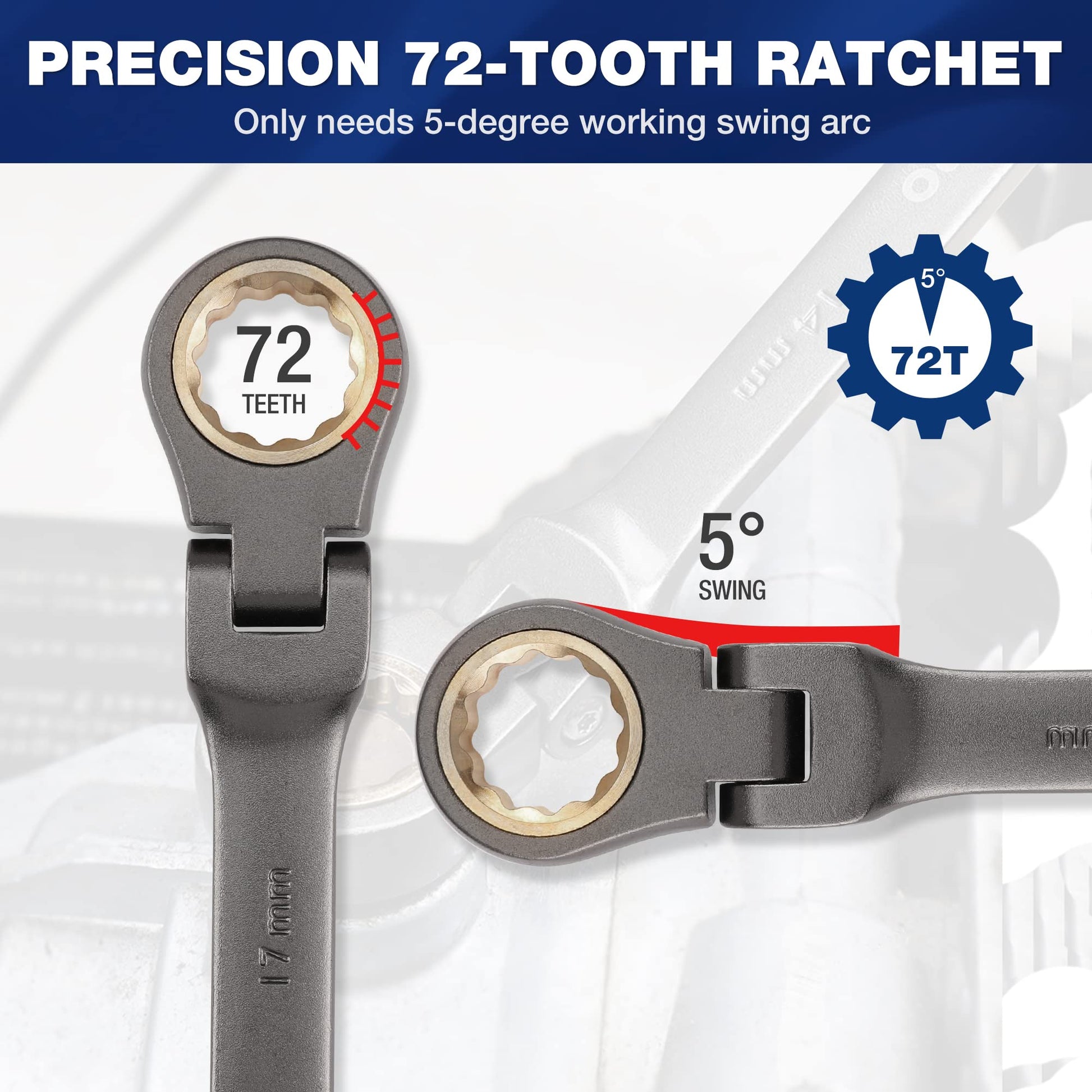 WORKPRO ratcheting wrench head with 72-tooth gear detail and circular swing guide