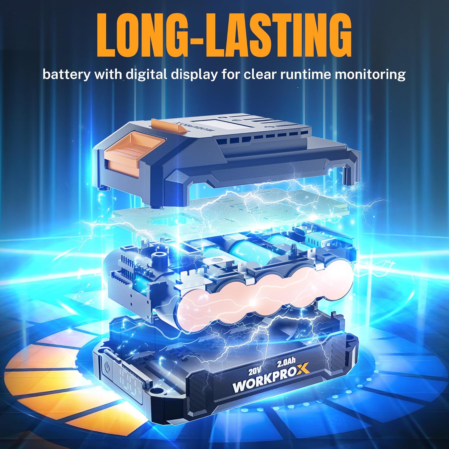 20V lithium battery pack with digital display for runtime monitoring