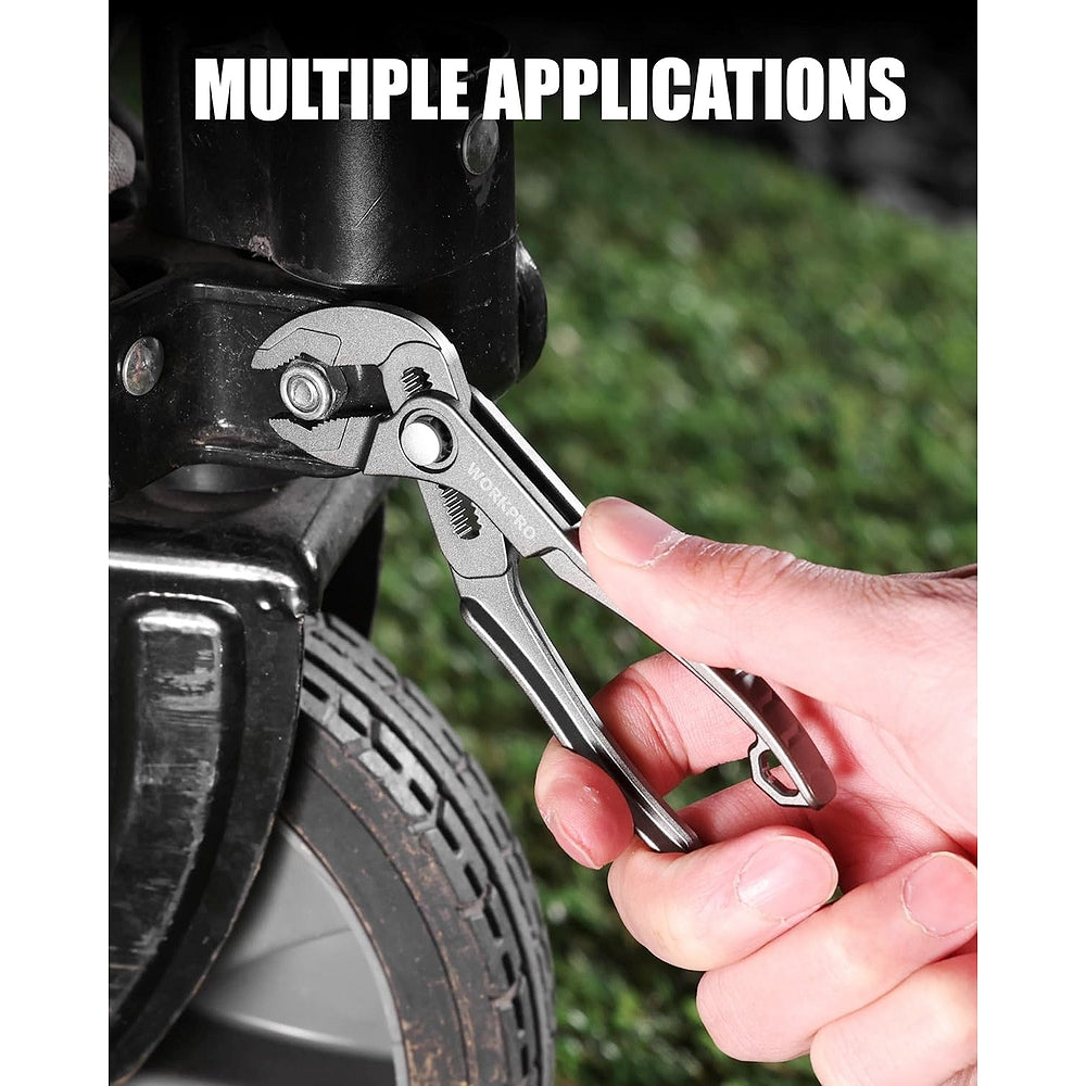 Grey WORKPRO mini water pump pliers in use near a bolt, held by a hand