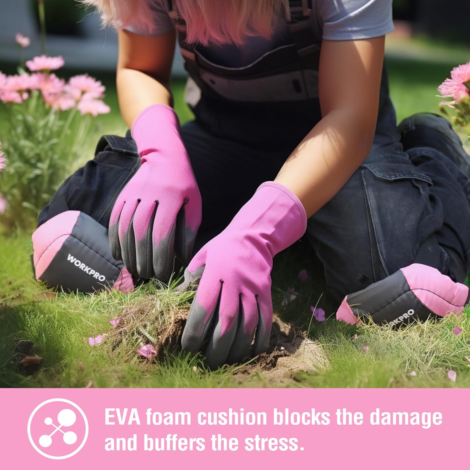 Pink foam knee pads with black straps worn outdoors on hands-and-knees.