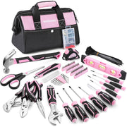 Pink and black WORKPRO tool bag with assorted hand tools and screwdriver bits