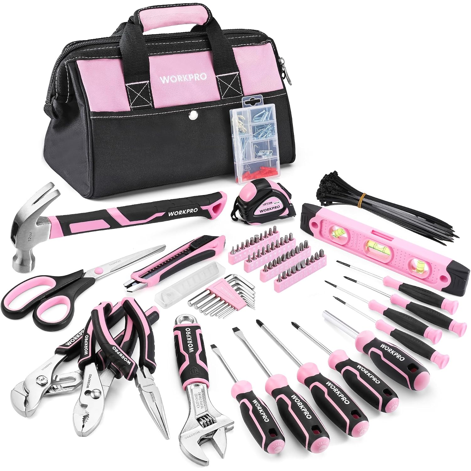 Pink and black WORKPRO tool bag with assorted hand tools and screwdriver bits