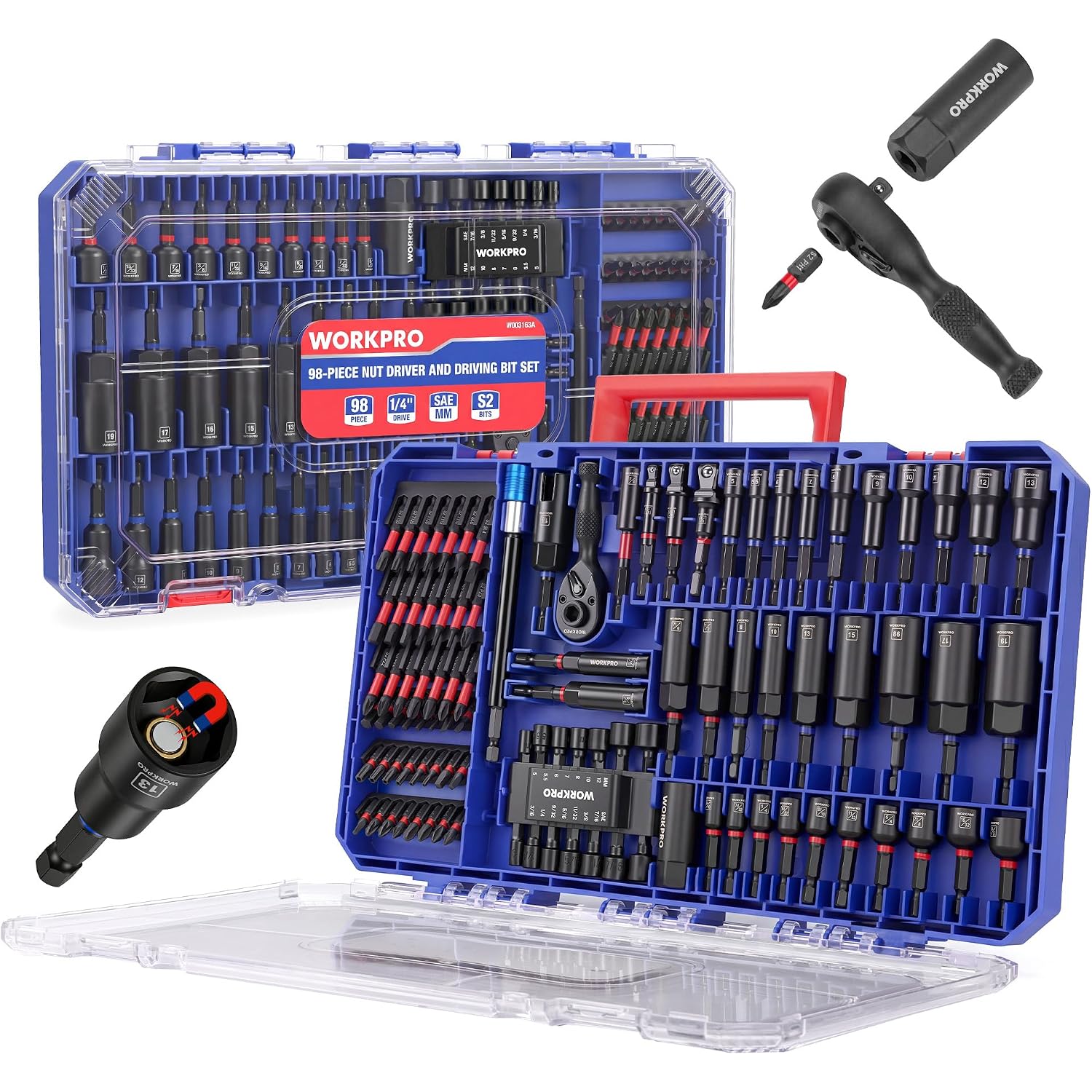 98-piece nut driver and bit set in blue plastic case with assorted accessories