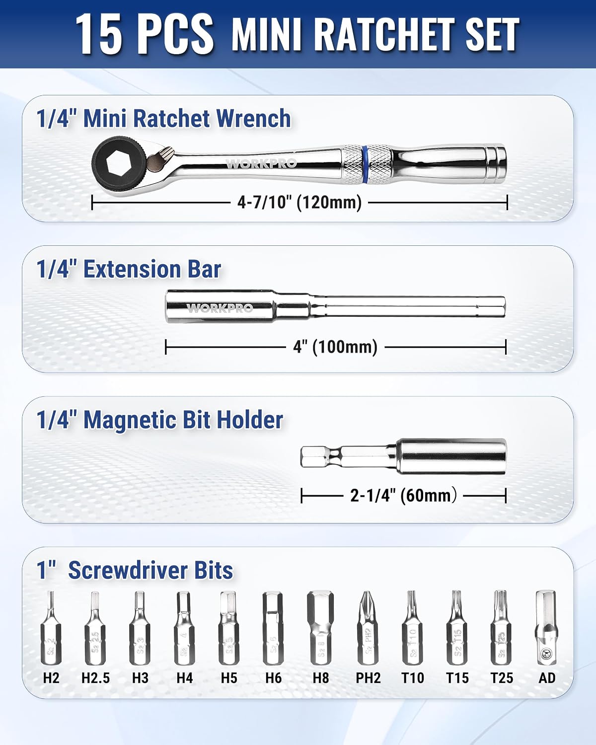 WORKPRO 15PC 14 inch mini ratchet wrench set with extension bar and bits, innovation quality and durable