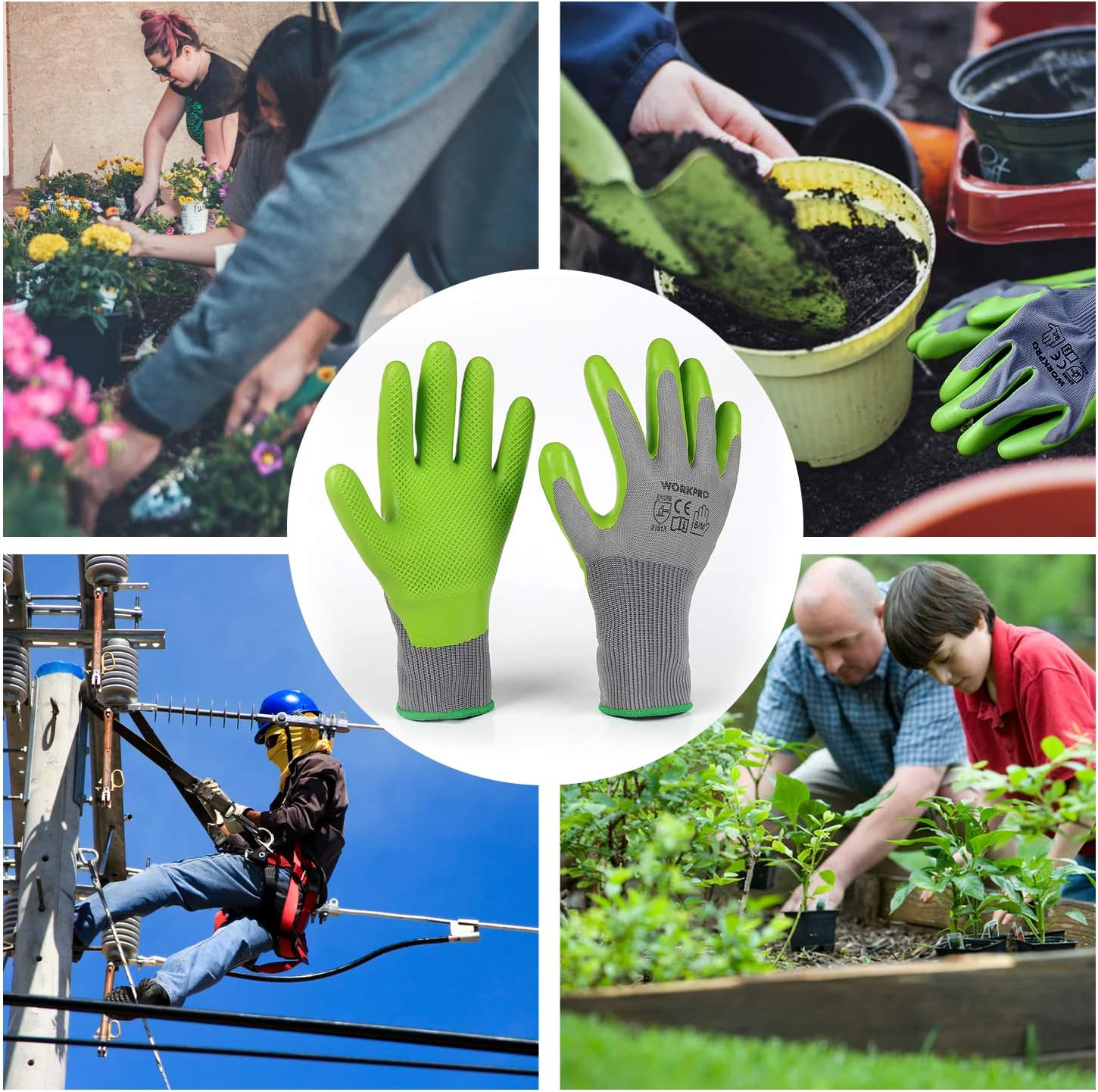 Green and gray garden work gloves shown on hands during gardening and maintenance