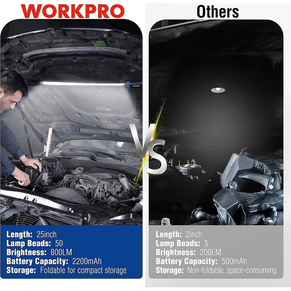 Rechargeable underhood LED work light bar with bright strip and foldable design