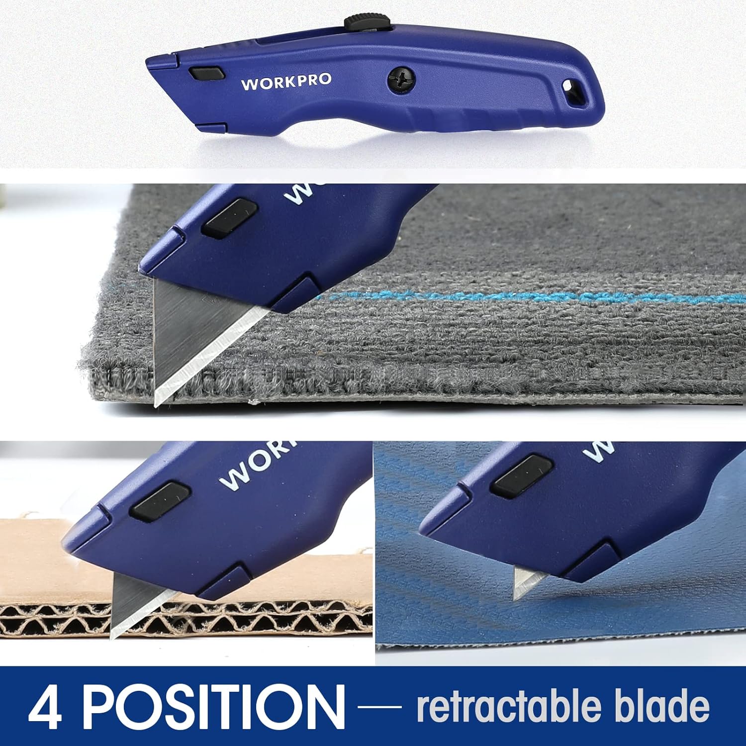 Retractable utility knife with blue body cutting fabric, blade extended