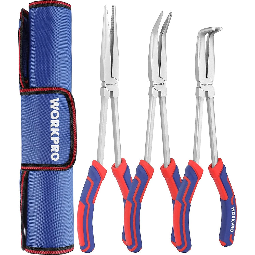 Needle nose pliers set with blue/red grips, stored in a blue rolling pouch
