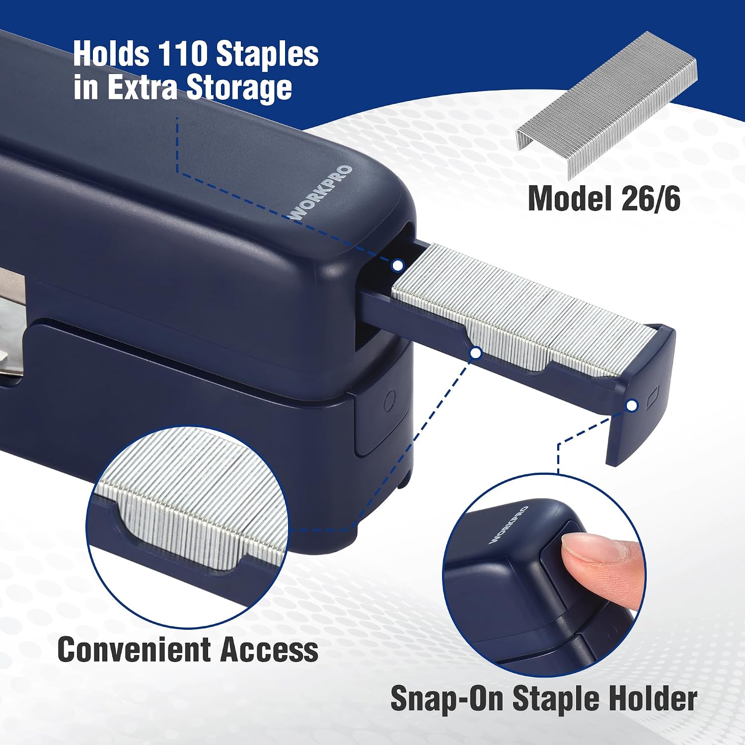 WORKPRO 2-in-1 stapler in blue plastic with secure rear push button staple storage, durable quality