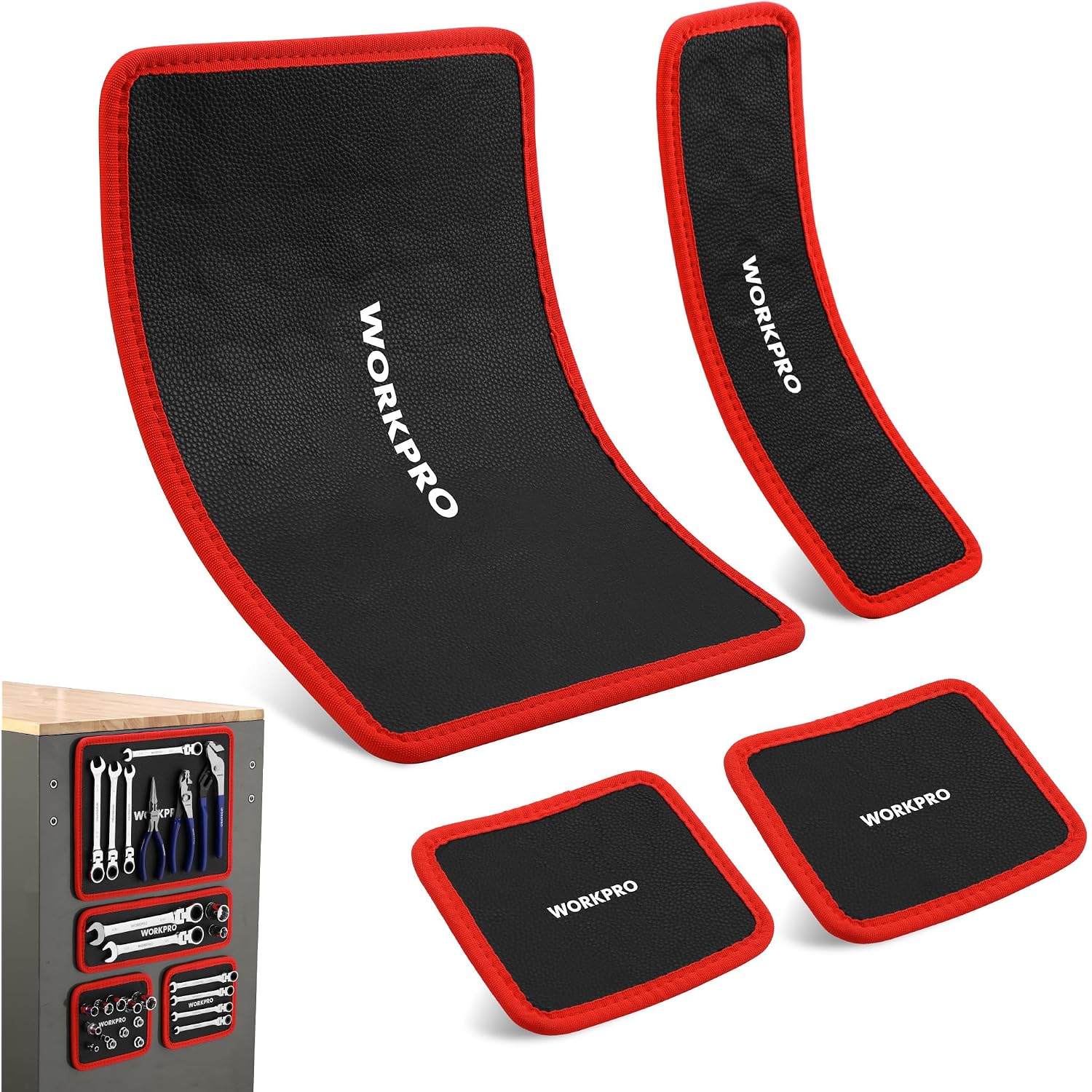 WORKPRO magnetic tool mat set: four black pads with red trim, WORKPRO logos