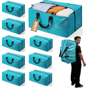 8-pack of blue moving storage bags with black handles and zippers, upright bag shown