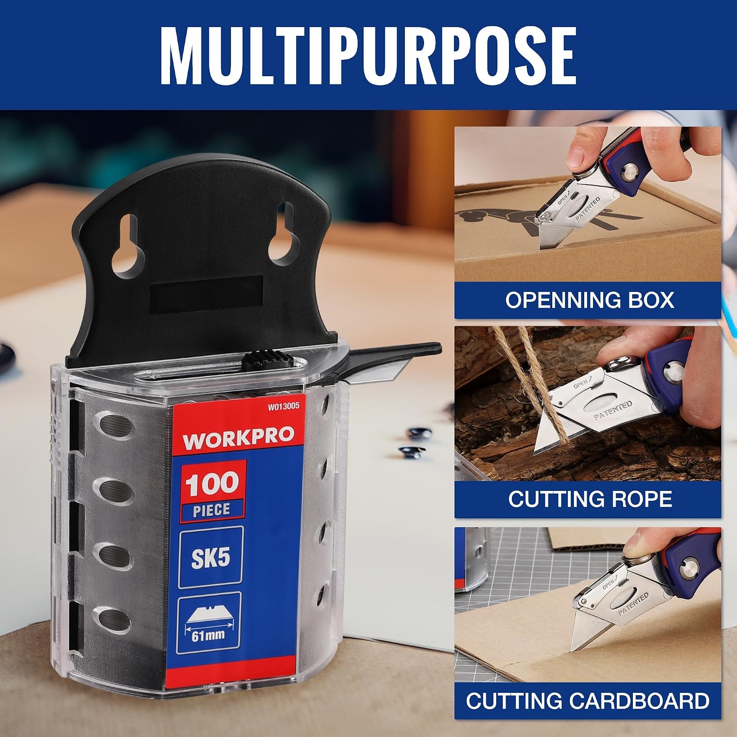Utility knife blade dispenser with SK5 blade pack and multipurpose utility knives