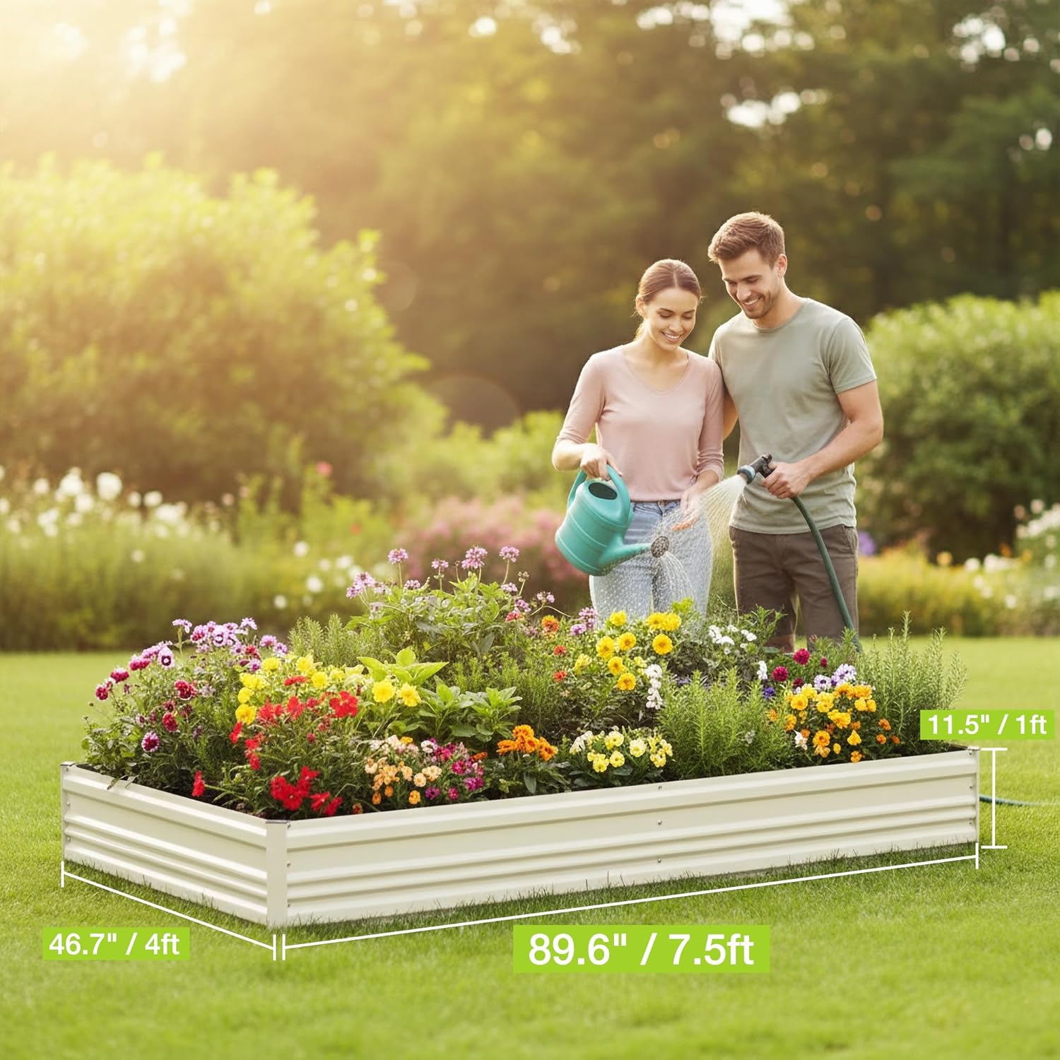 White raised garden bed with flowering plants and two gardeners watering