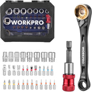 WORKPRO mini ratchet tool set with 1/4 in sockets, bits, and carrying case