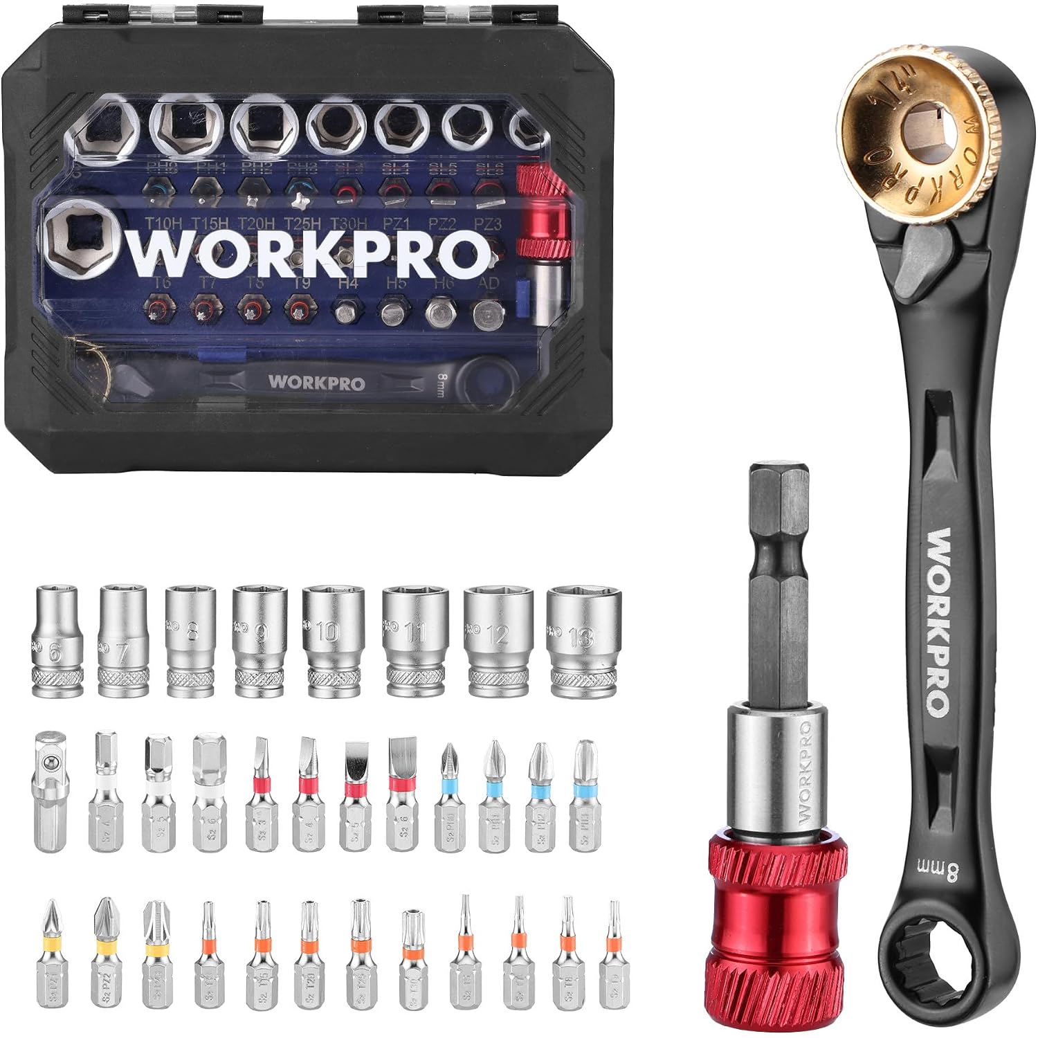 WORKPRO mini ratchet tool set with 1/4 in sockets, bits, and carrying case