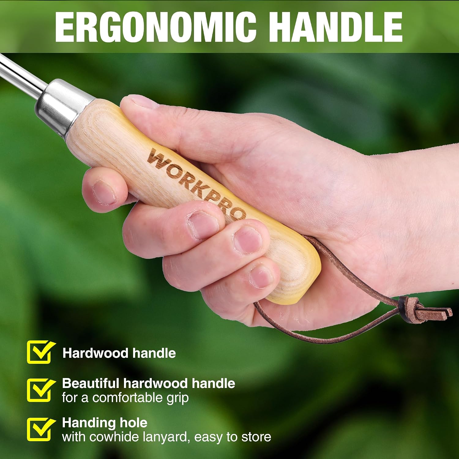 Hand holding crack weeder tool with light wood handle and stainless steel weeding blade
