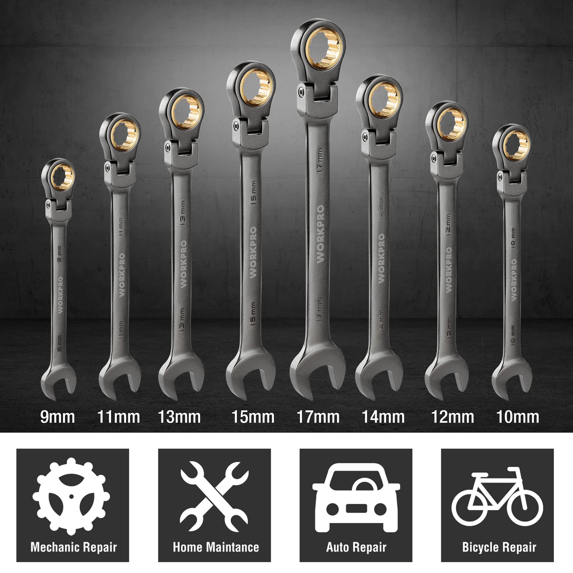 WORKPRO ratcheting combination wrenches showing marked sizes along the dark gray shafts