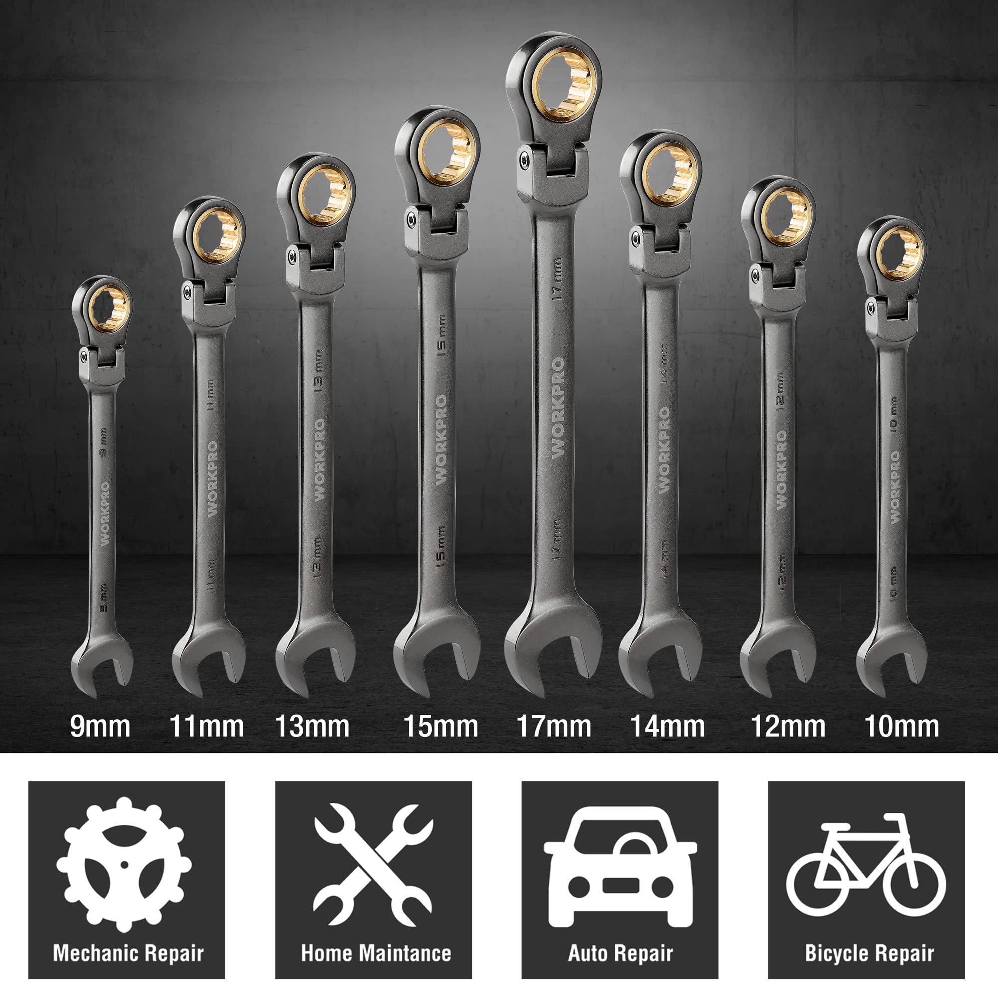 WORKPRO ratcheting combination wrenches showing marked sizes along the dark gray shafts