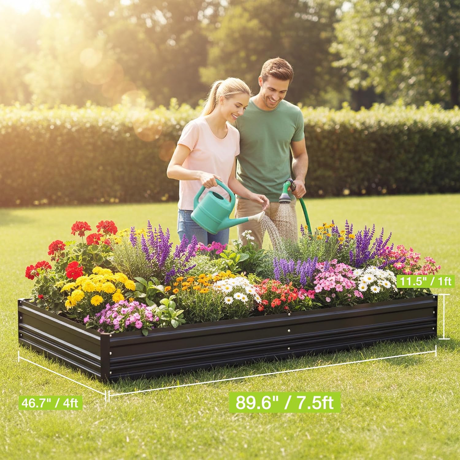 Black raised garden bed with flowers, plus clear size measurements at edges