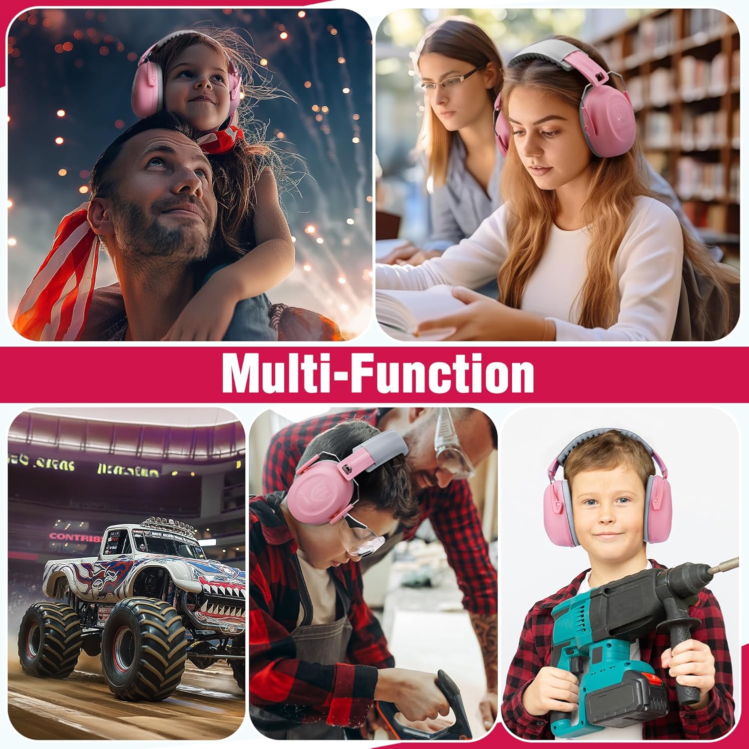 Pink over-ear ear muffs for kids, shown being worn in multiple activities.
