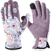A pair of winter gloves shown front and back on a plain white background. The gloves have a dusty purple suede-like back and fingers, with a white backhand covered in a pastel floral pattern with purple, blue, pink, and orange details.