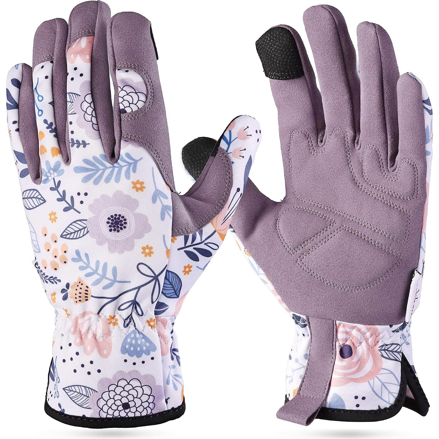 A pair of winter gloves shown front and back on a plain white background. The gloves have a dusty purple suede-like back and fingers, with a white backhand covered in a pastel floral pattern with purple, blue, pink, and orange details.
