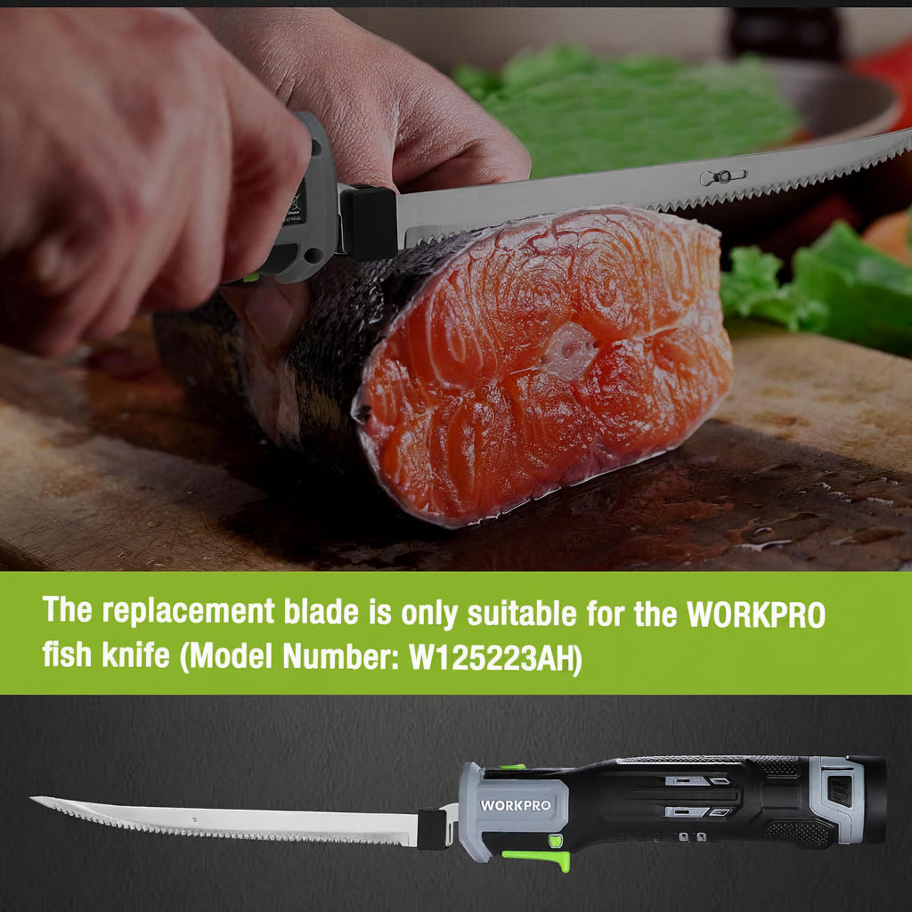 Fillet knife blade cutting salmon, showing serrations along the edge.