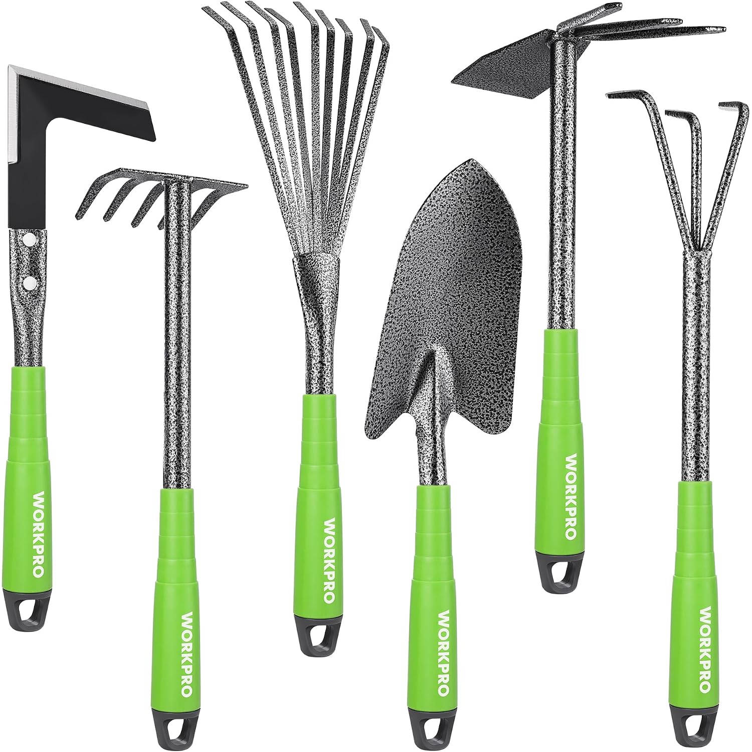 6-piece garden tool set with green handles and textured metal heads