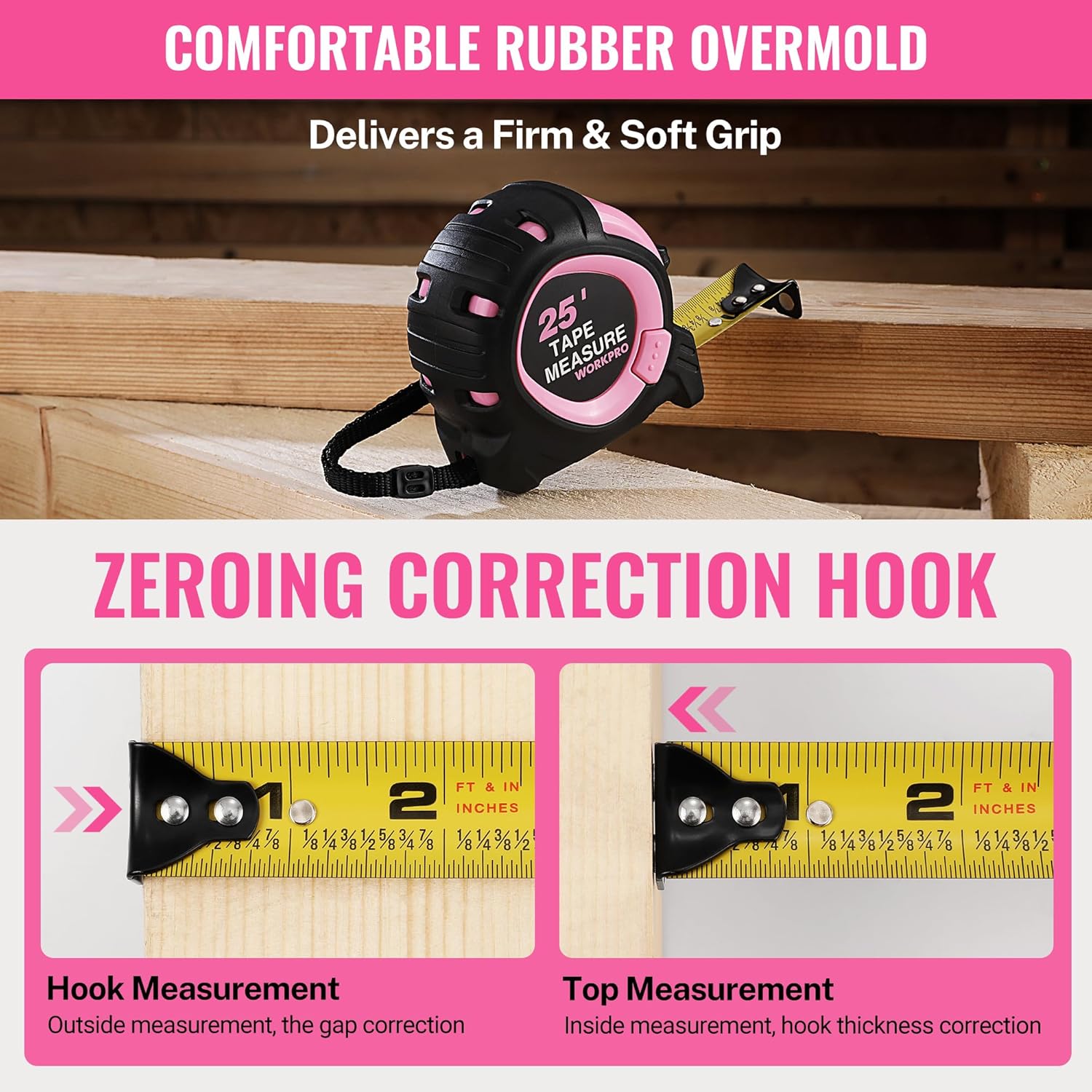 Pink and black tape measure with rubber overmold and correction hook