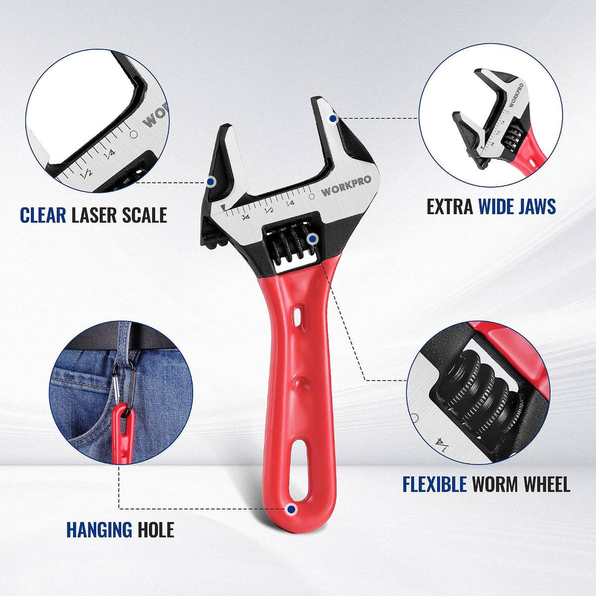 WORKPRO 4" Stubby Adjustable Wrench, 15/16" Extra Wide Jaw Opening