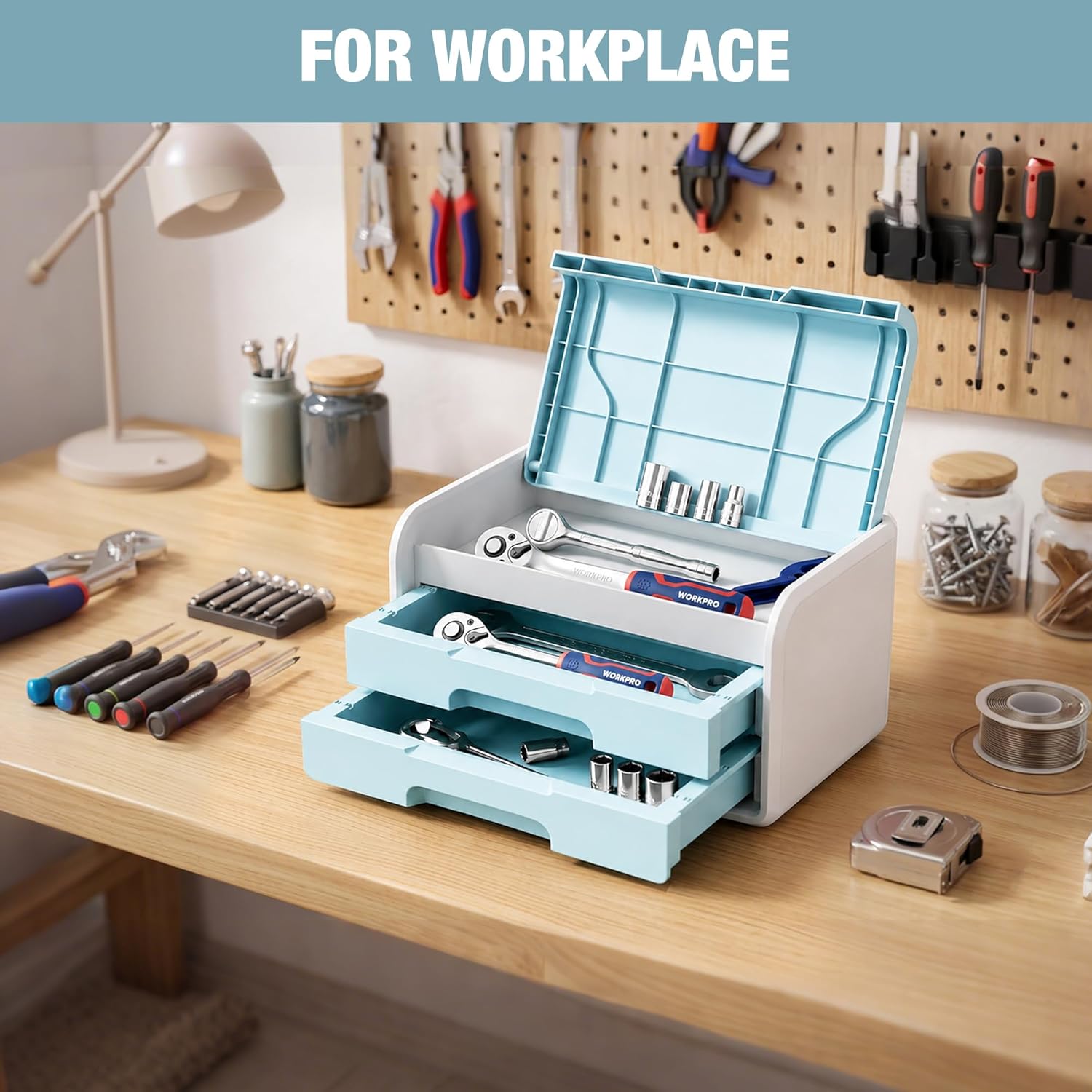 Desktop organizer box with open flip lid and two blue drawers, blue-and-white