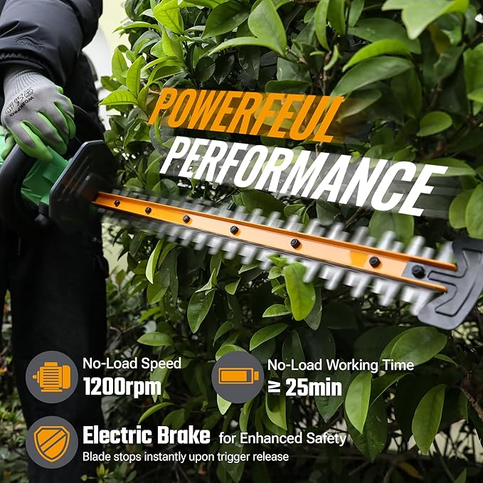 Green electric hedge trimmer cutting through dense leaves, with dual safety switches