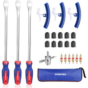 Metal tire spoons set with blue rim protectors, valve cores, valve caps, and storage bag