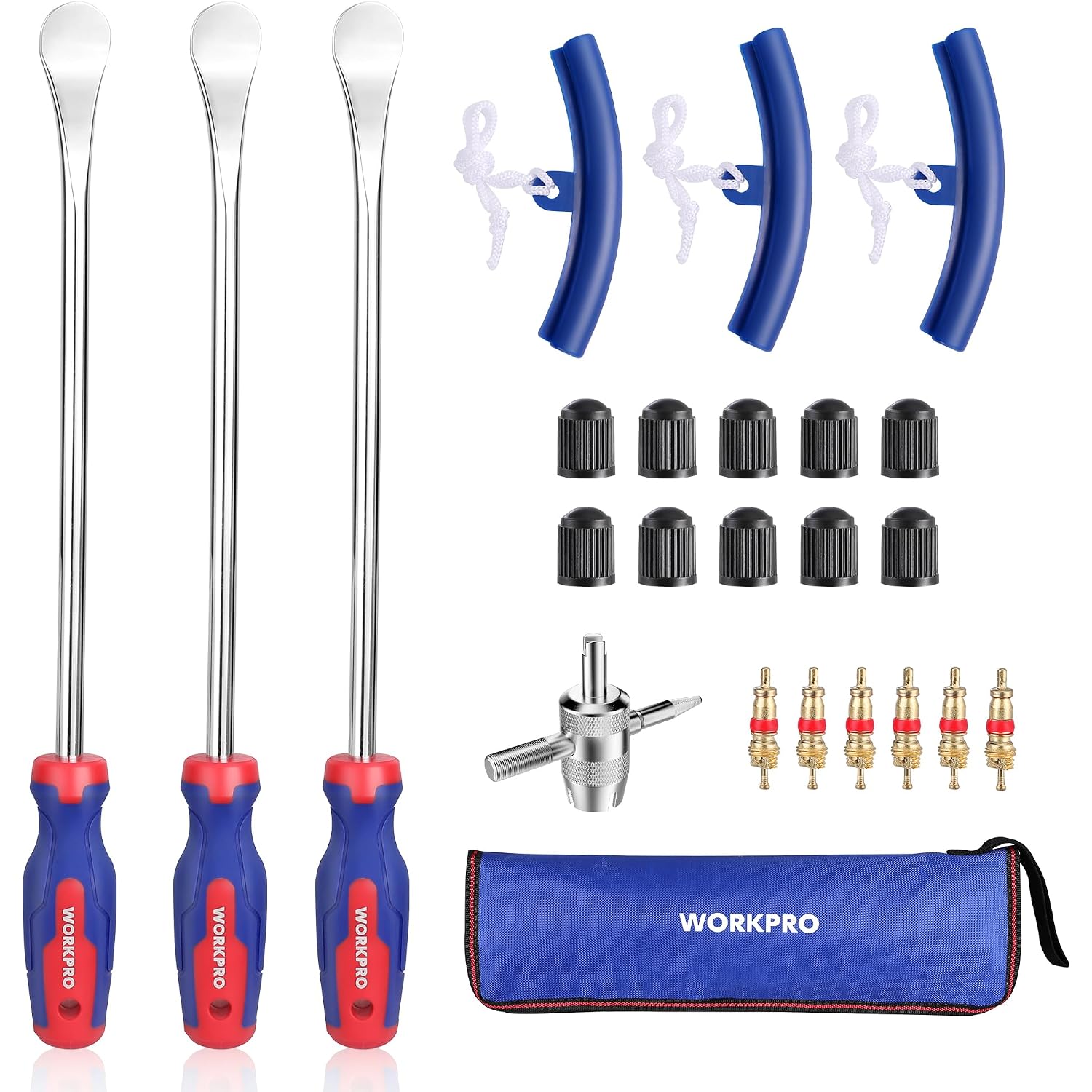 Metal tire spoons set with blue rim protectors, valve cores, valve caps, and storage bag
