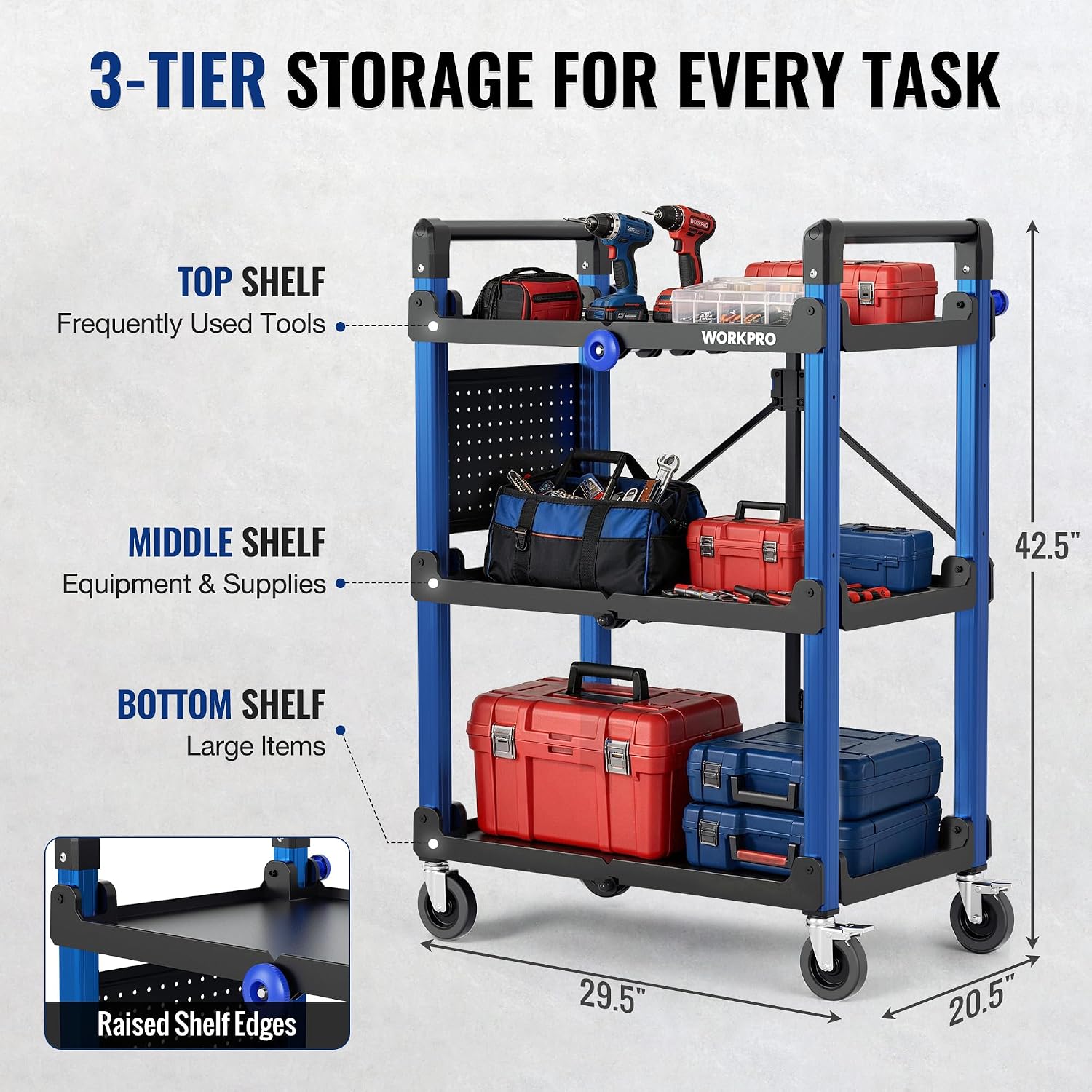 WORKPRO 3-Tier Heavy Duty Collapsible Service Cart-Blue and Black