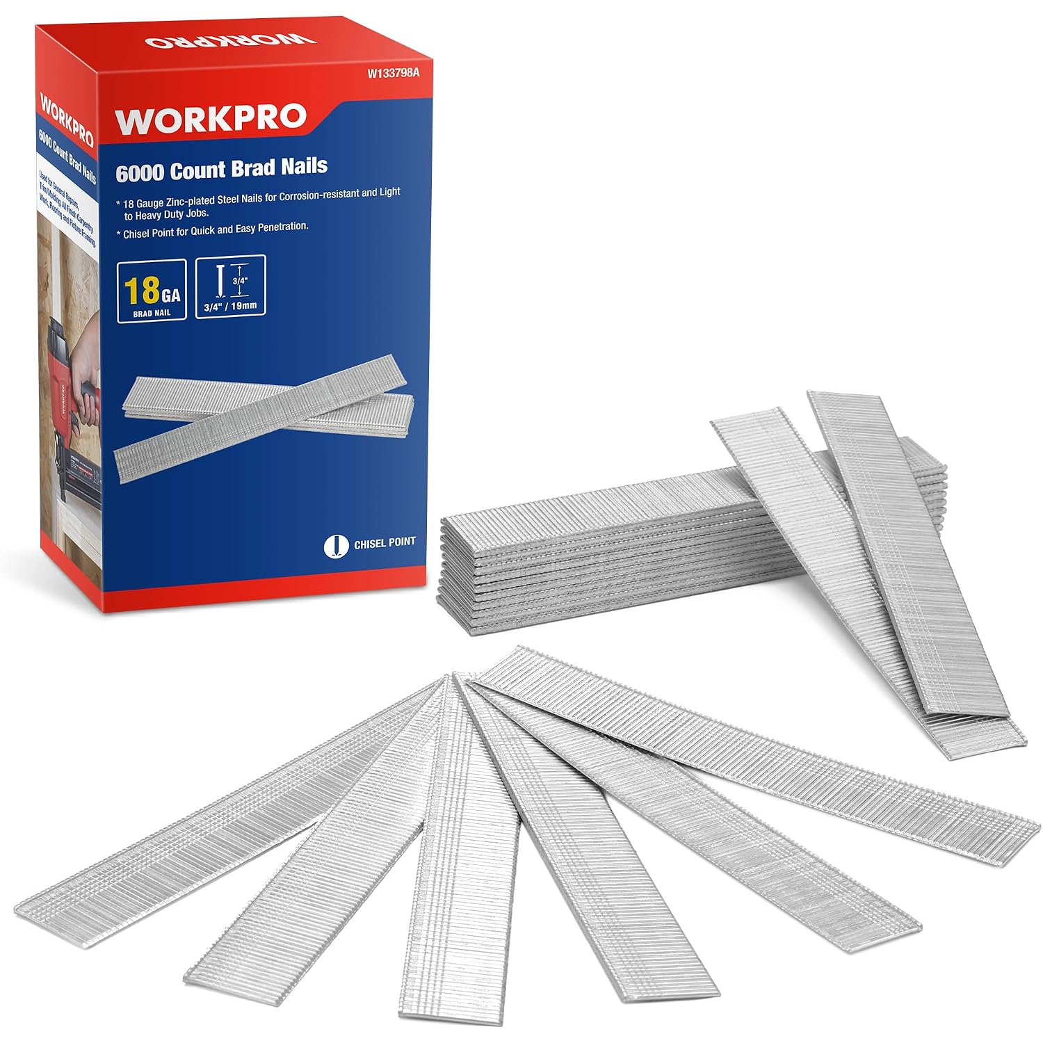 WORKPRO 6000-count box of 18GA 3/4 in brad nails with chisel point strips