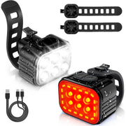 Rechargeable bike light set with white front lamp, red rear lamp, and Type-C cable