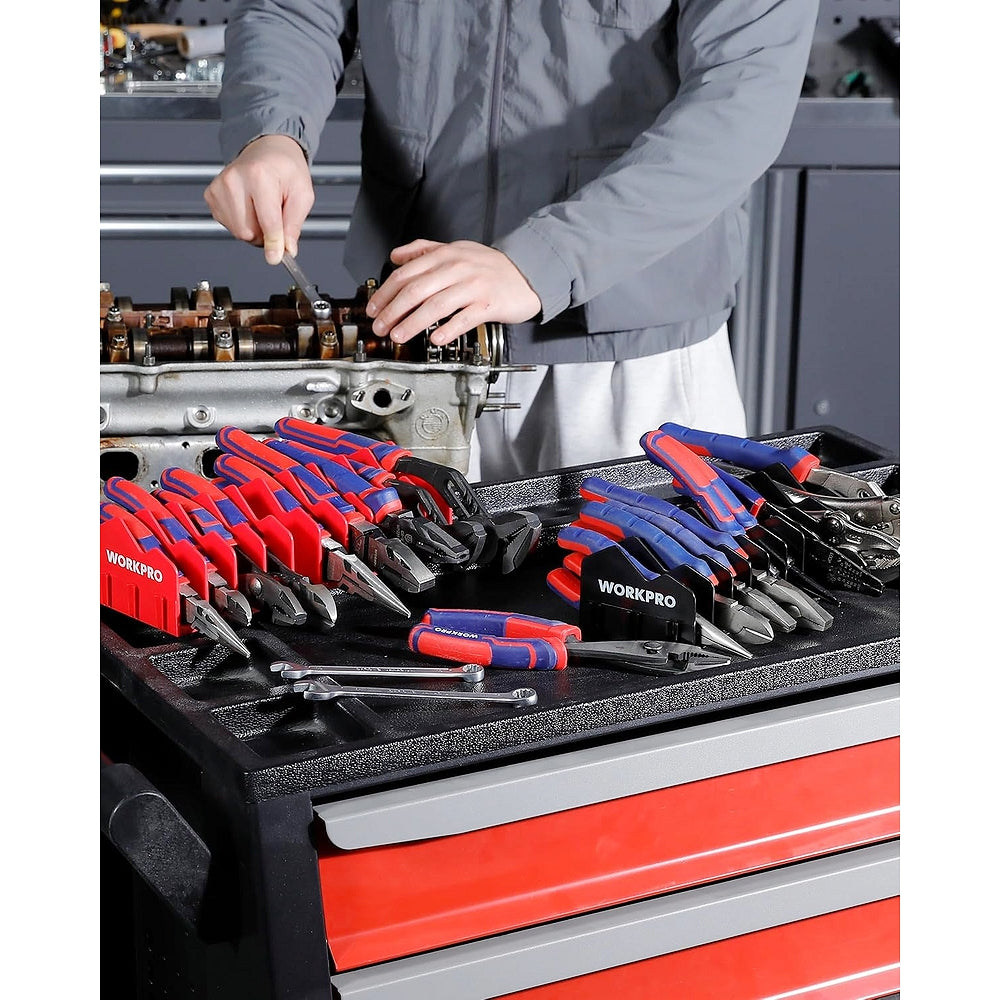 WORKPRO plier organizer rack in a toolbox drawer with pliers and cutters in red/blue handles