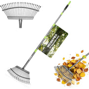 Adjustable leaf rake with narrow metal head and green handle sections for yard cleanup
