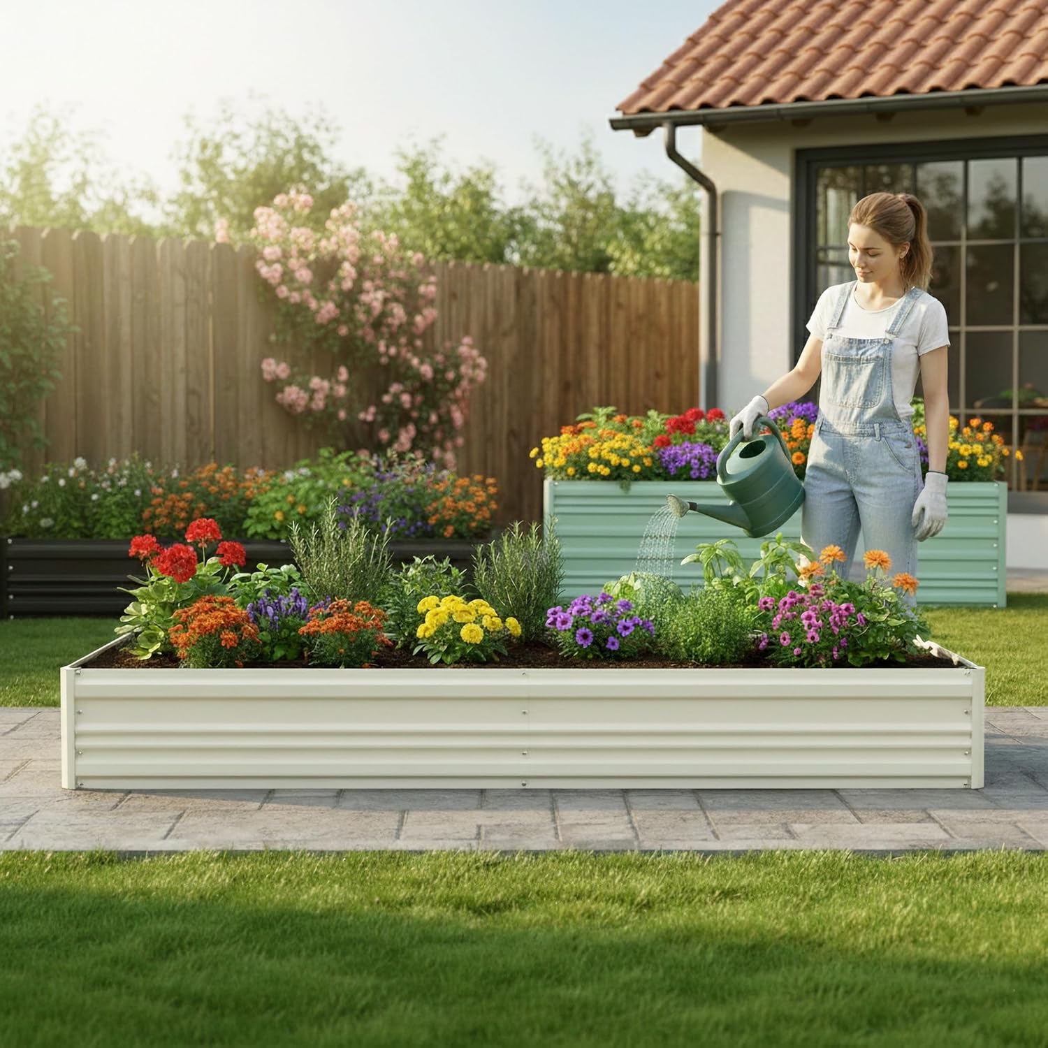 White raised garden bed filled with colorful flowers along a patio
