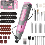 Pink rotary tool with assorted accessories and sandpaper discs in storage case