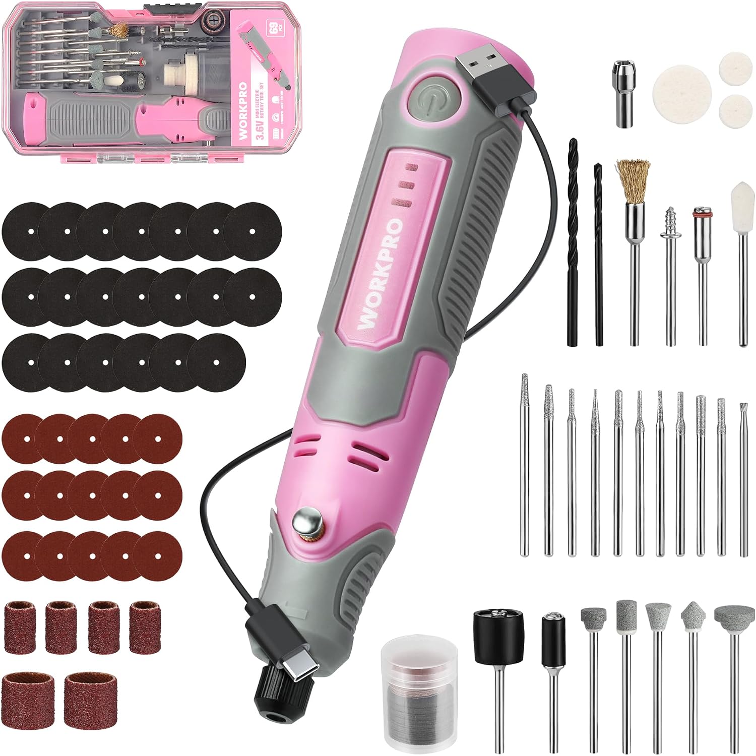 Pink rotary tool with assorted accessories and sandpaper discs in storage case