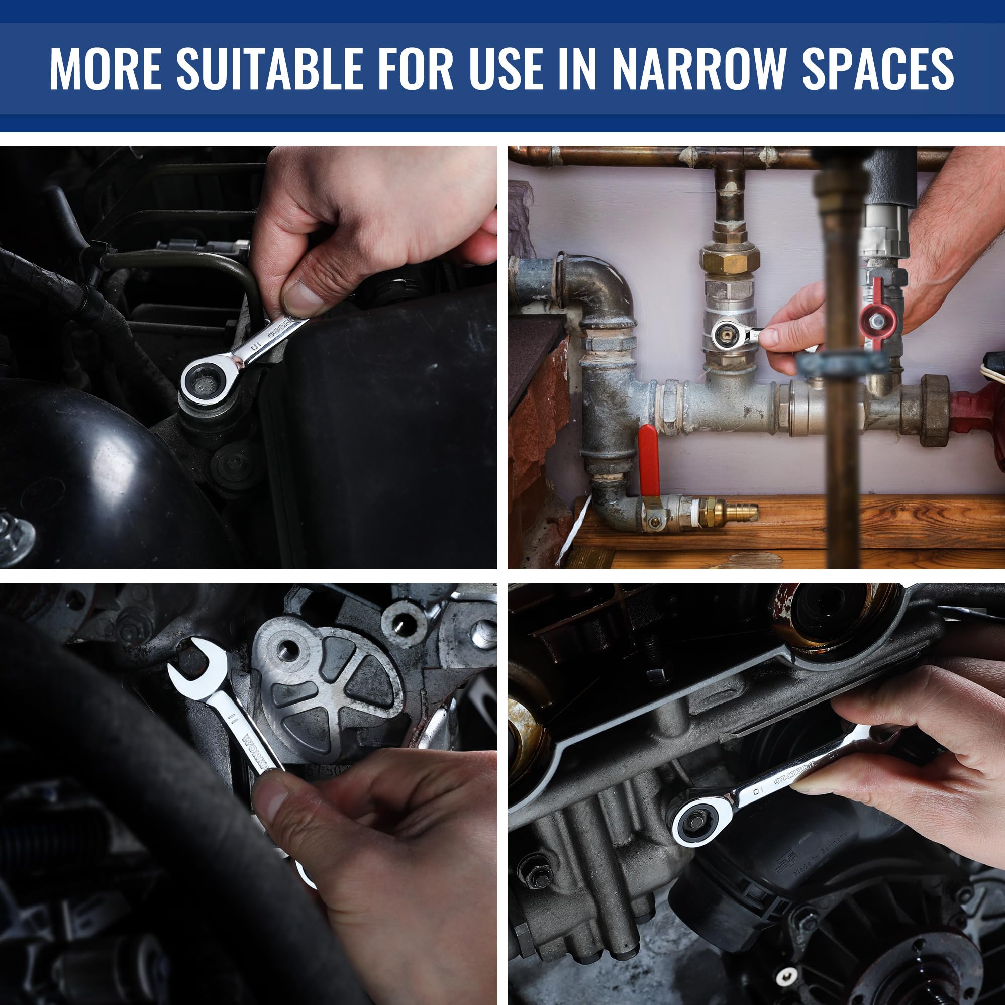 Stubby ratcheting combination wrenches used in tight spaces around engine components