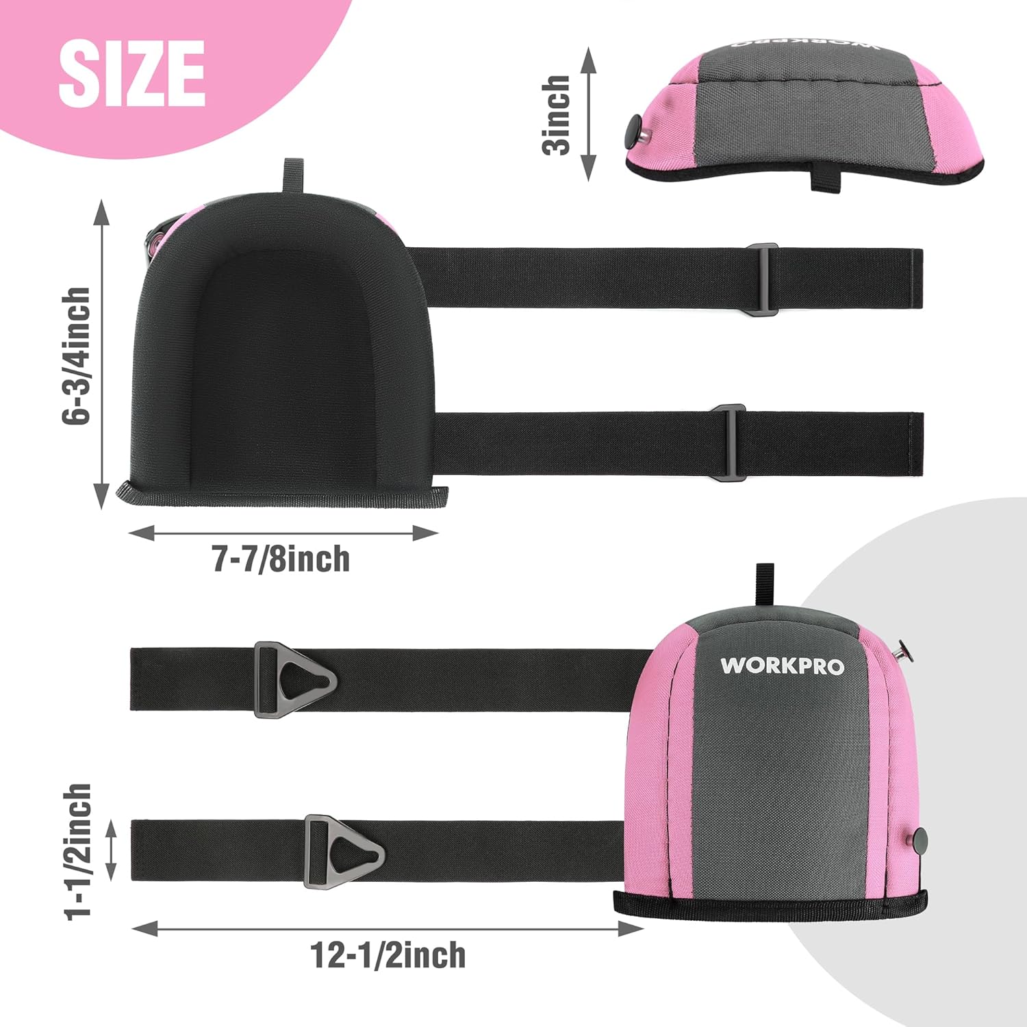 Pair of pink and black foam knee pads with adjustable straps and buckles, side view.